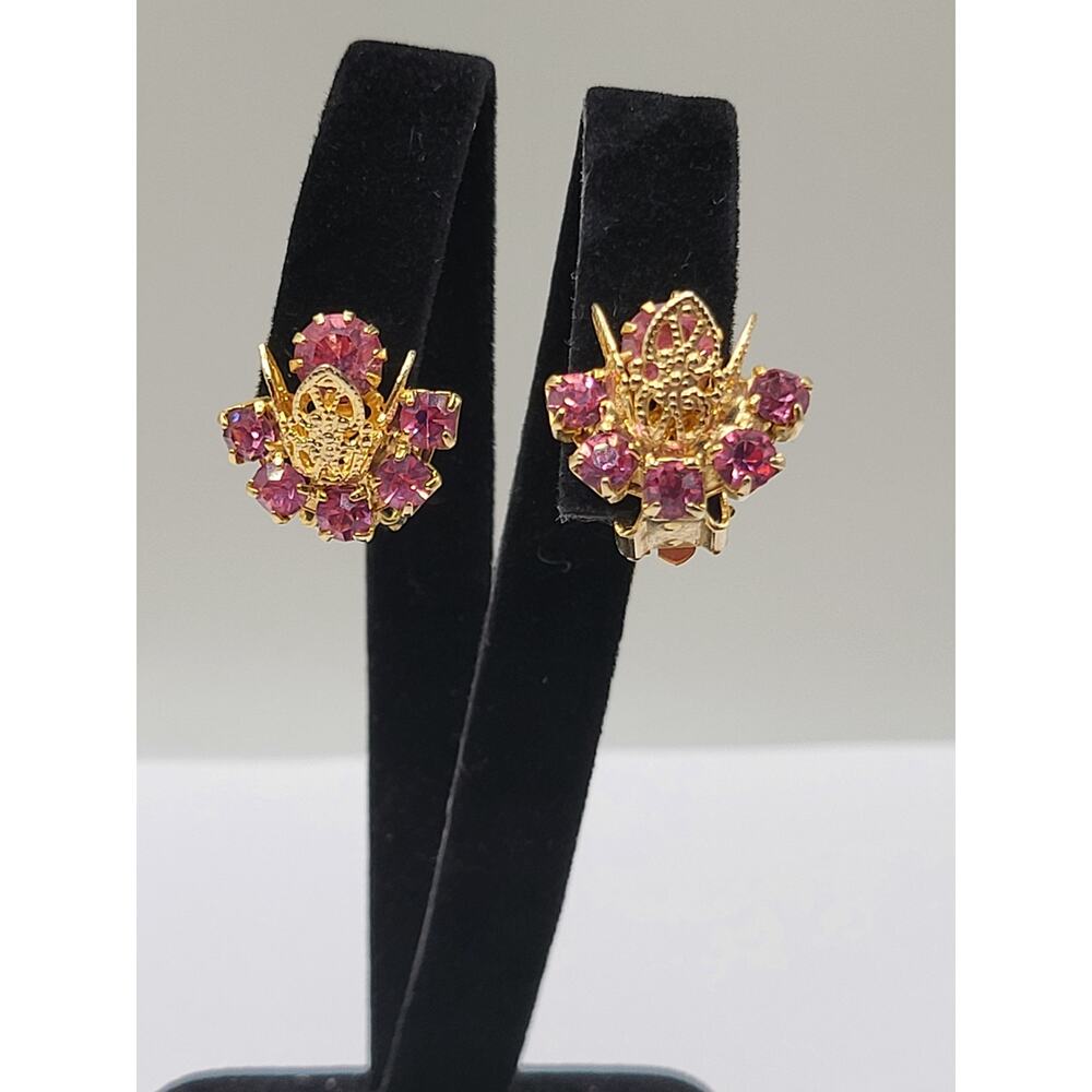 Vintage Pink Rhinestone Clip On Earrings Gold Tone Floral Design Lightweight